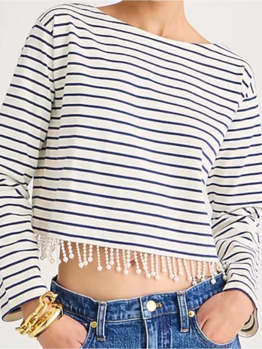 J. Crew Mariner Cropped Pearl Fringe Embellished Long Sleeve Medium Nwot